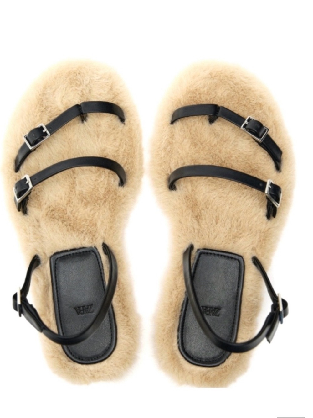 NWT Zara Tan Faux-Fur Sandals with Black Buckle Straps